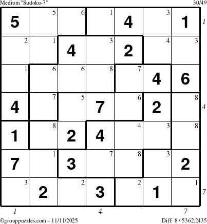 The grouppuzzles.com Medium Sudoku-7 puzzle for Tuesday November 11, 2025 with all 8 steps marked