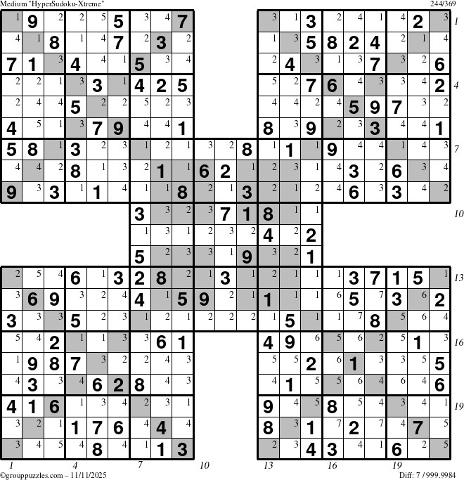 The grouppuzzles.com Medium HyperSudoku-Xtreme puzzle for Tuesday November 11, 2025, suitable for printing, with all 7 steps marked