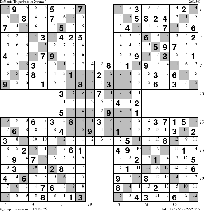 The grouppuzzles.com Difficult HyperSudoku-Xtreme puzzle for Tuesday November 11, 2025, suitable for printing, with all 13 steps marked