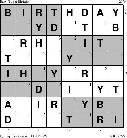 The grouppuzzles.com Easy Super-Birthday puzzle for Tuesday November 11, 2025, suitable for printing, with all 3 steps marked