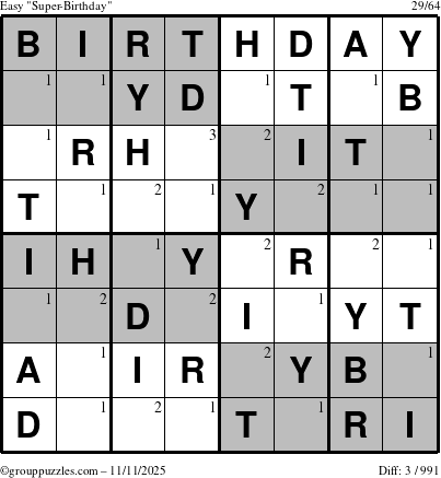 The grouppuzzles.com Easy Super-Birthday puzzle for Tuesday November 11, 2025 with the first 3 steps marked