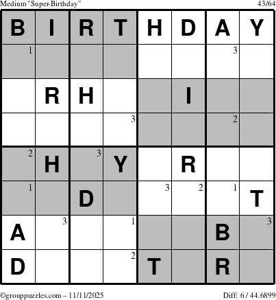 The grouppuzzles.com Medium Super-Birthday puzzle for Tuesday November 11, 2025 with the first 3 steps marked