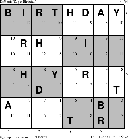 The grouppuzzles.com Difficult Super-Birthday puzzle for Tuesday November 11, 2025, suitable for printing, with all 12 steps marked
