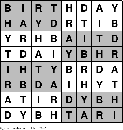 The grouppuzzles.com Answer grid for the Super-Birthday puzzle for Tuesday November 11, 2025