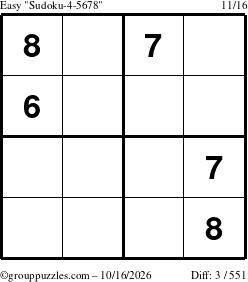 The grouppuzzles.com Easy Sudoku-4-5678 puzzle for Friday October 16, 2026
