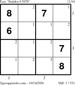 The grouppuzzles.com Easy Sudoku-4-5678 puzzle for Friday October 16, 2026, suitable for printing, with all 3 steps marked