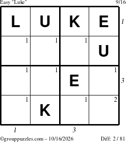 The grouppuzzles.com Easy Luke puzzle for Friday October 16, 2026, suitable for printing, with all 2 steps marked