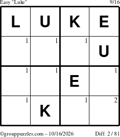 The grouppuzzles.com Easy Luke puzzle for Friday October 16, 2026 with the first 2 steps marked
