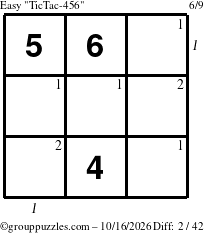 The grouppuzzles.com Easy TicTac-456 puzzle for Friday October 16, 2026 with all 2 steps marked