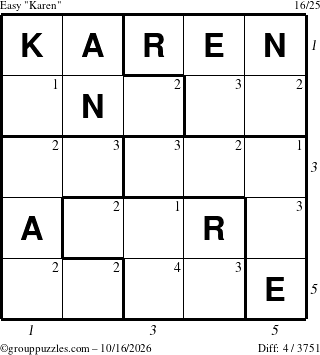 The grouppuzzles.com Easy Karen puzzle for Friday October 16, 2026, suitable for printing, with all 4 steps marked