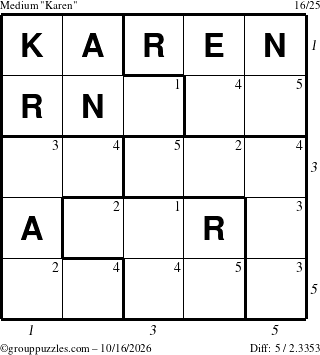 The grouppuzzles.com Medium Karen puzzle for Friday October 16, 2026 with all 5 steps marked