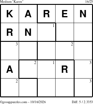 The grouppuzzles.com Medium Karen puzzle for Friday October 16, 2026 with the first 3 steps marked