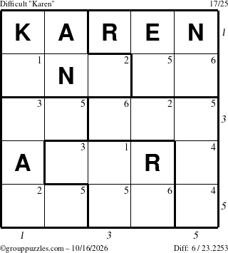 The grouppuzzles.com Difficult Karen puzzle for Friday October 16, 2026 with all 6 steps marked