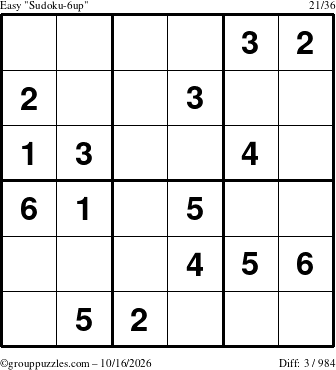 The grouppuzzles.com Easy Sudoku-6up puzzle for Friday October 16, 2026