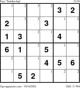 The grouppuzzles.com Easy Sudoku-6up puzzle for Friday October 16, 2026 with the first 3 steps marked