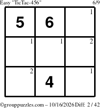 The grouppuzzles.com Easy TicTac-456 puzzle for Friday October 16, 2026 with the first 2 steps marked