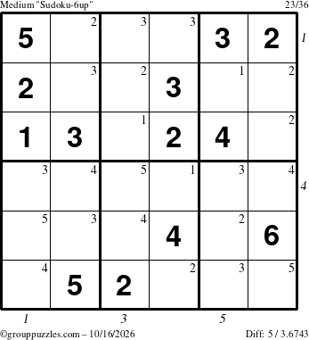 The grouppuzzles.com Medium Sudoku-6up puzzle for Friday October 16, 2026, suitable for printing, with all 5 steps marked