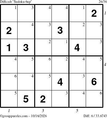 The grouppuzzles.com Difficult Sudoku-6up puzzle for Friday October 16, 2026, suitable for printing, with all 6 steps marked