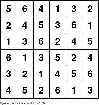 The grouppuzzles.com Answer grid for the Sudoku-6up puzzle for Friday October 16, 2026