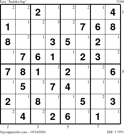 The grouppuzzles.com Easy Sudoku-8up puzzle for Friday October 16, 2026 with all 3 steps marked