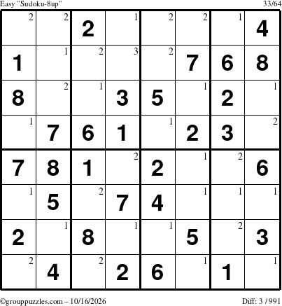 The grouppuzzles.com Easy Sudoku-8up puzzle for Friday October 16, 2026 with the first 3 steps marked