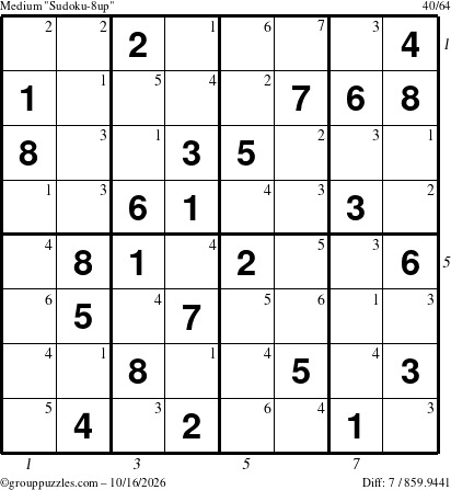 The grouppuzzles.com Medium Sudoku-8up puzzle for Friday October 16, 2026 with all 7 steps marked