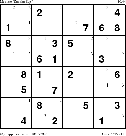 The grouppuzzles.com Medium Sudoku-8up puzzle for Friday October 16, 2026 with the first 3 steps marked