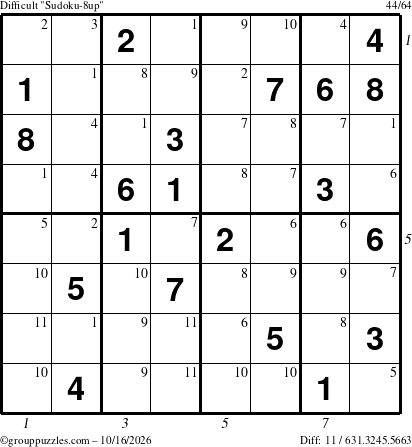 The grouppuzzles.com Difficult Sudoku-8up puzzle for Friday October 16, 2026 with all 11 steps marked