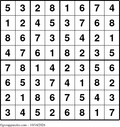The grouppuzzles.com Answer grid for the Sudoku-8up puzzle for Friday October 16, 2026