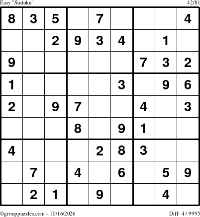 The grouppuzzles.com Easy Sudoku puzzle for Friday October 16, 2026