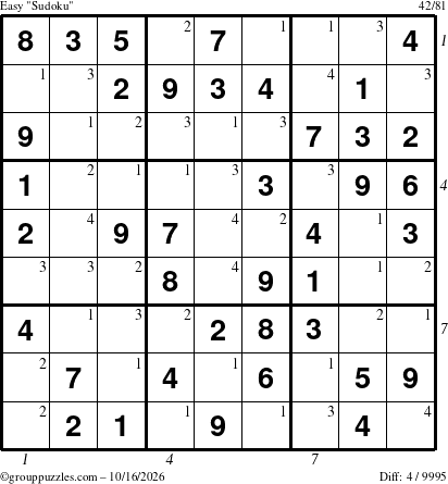 The grouppuzzles.com Easy Sudoku puzzle for Friday October 16, 2026, suitable for printing, with all 4 steps marked