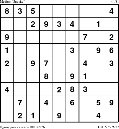 The grouppuzzles.com Medium Sudoku puzzle for Friday October 16, 2026