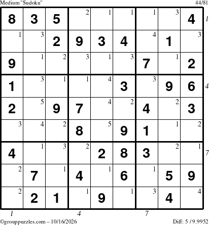 The grouppuzzles.com Medium Sudoku puzzle for Friday October 16, 2026, suitable for printing, with all 5 steps marked
