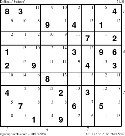 The grouppuzzles.com Difficult Sudoku puzzle for Friday October 16, 2026, suitable for printing, with all 14 steps marked