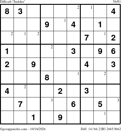 The grouppuzzles.com Difficult Sudoku puzzle for Friday October 16, 2026 with the first 3 steps marked