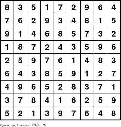 The grouppuzzles.com Answer grid for the Sudoku puzzle for Friday October 16, 2026
