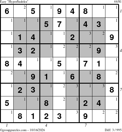 The grouppuzzles.com Easy HyperSudoku puzzle for Friday October 16, 2026 with all 3 steps marked