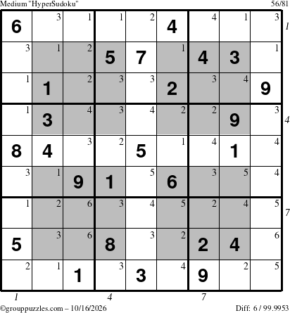 The grouppuzzles.com Medium HyperSudoku puzzle for Friday October 16, 2026 with all 6 steps marked