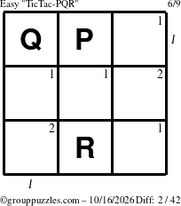 The grouppuzzles.com Easy TicTac-PQR puzzle for Friday October 16, 2026, suitable for printing, with all 2 steps marked