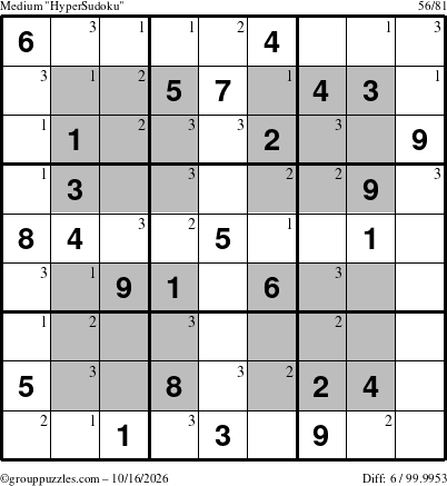 The grouppuzzles.com Medium HyperSudoku puzzle for Friday October 16, 2026 with the first 3 steps marked