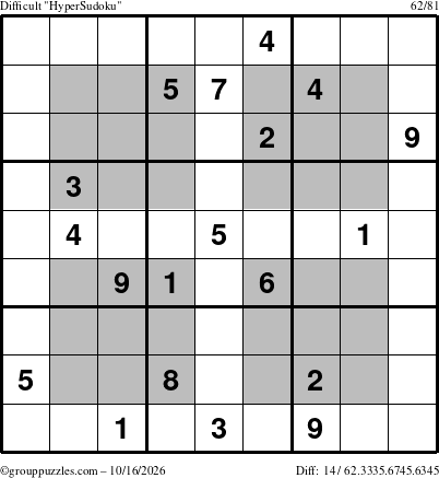 The grouppuzzles.com Difficult HyperSudoku puzzle for Friday October 16, 2026