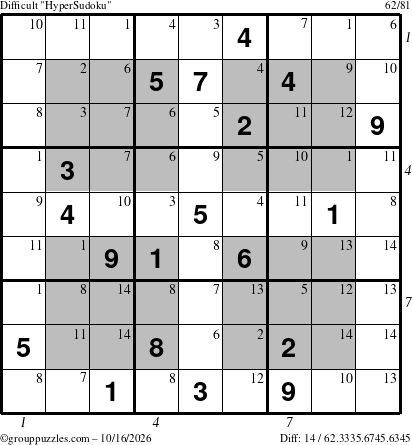 The grouppuzzles.com Difficult HyperSudoku puzzle for Friday October 16, 2026, suitable for printing, with all 14 steps marked