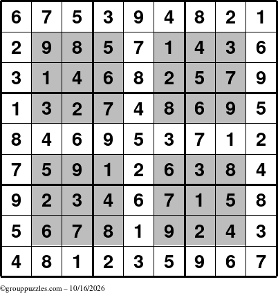 The grouppuzzles.com Answer grid for the HyperSudoku puzzle for Friday October 16, 2026