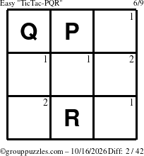 The grouppuzzles.com Easy TicTac-PQR puzzle for Friday October 16, 2026 with the first 2 steps marked