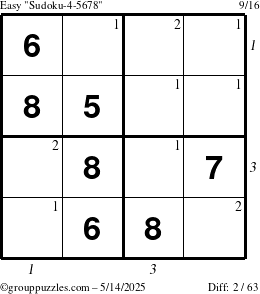 The grouppuzzles.com Easy Sudoku-4-5678 puzzle for Wednesday May 14, 2025, suitable for printing, with all 2 steps marked