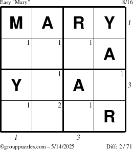 The grouppuzzles.com Easy Mary puzzle for Wednesday May 14, 2025, suitable for printing, with all 2 steps marked