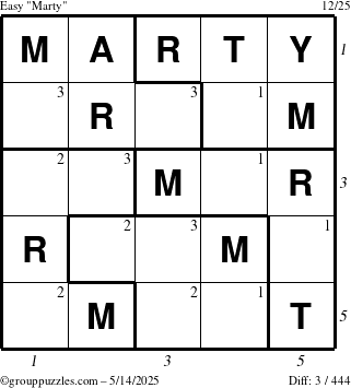 The grouppuzzles.com Easy Marty puzzle for Wednesday May 14, 2025 with all 3 steps marked