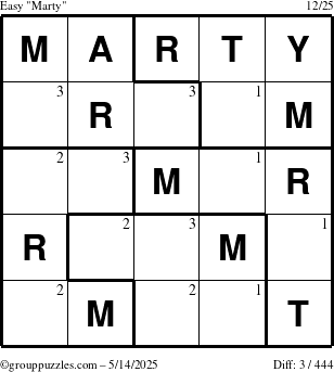 The grouppuzzles.com Easy Marty puzzle for Wednesday May 14, 2025 with the first 3 steps marked