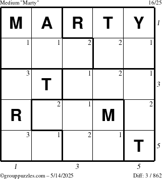 The grouppuzzles.com Medium Marty puzzle for Wednesday May 14, 2025, suitable for printing, with all 3 steps marked