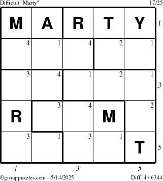 The grouppuzzles.com Difficult Marty puzzle for Wednesday May 14, 2025, suitable for printing, with all 4 steps marked